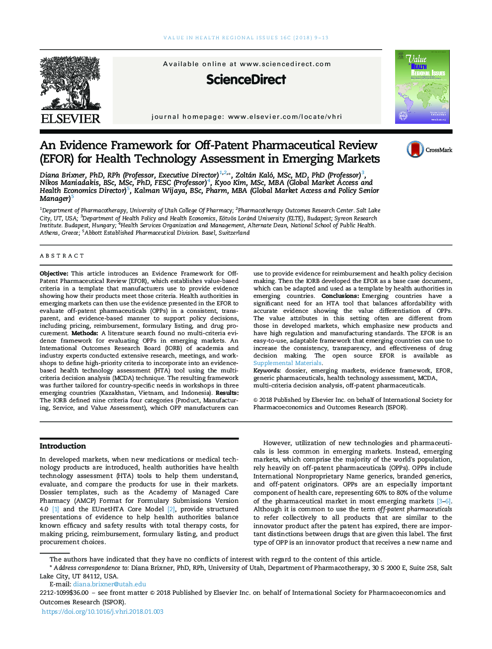 An Evidence Framework for Off-Patent Pharmaceutical Review (EFOR) for Health Technology Assessment in Emerging Markets