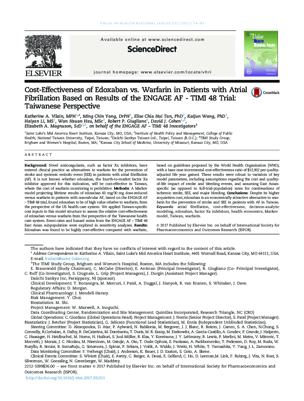 Cost-Effectiveness of Edoxaban vs. Warfarin in Patients with Atrial Fibrillation Based on Results of the ENGAGE AF - TIMI 48 Trial: Taiwanese Perspective