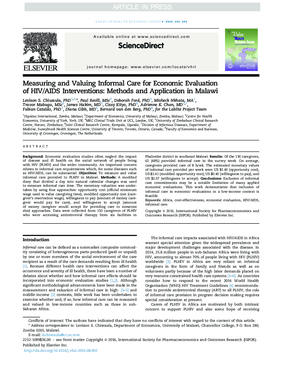 Measuring and Valuing Informal Care for Economic Evaluation of HIV/AIDS Interventions: Methods and Application in Malawi