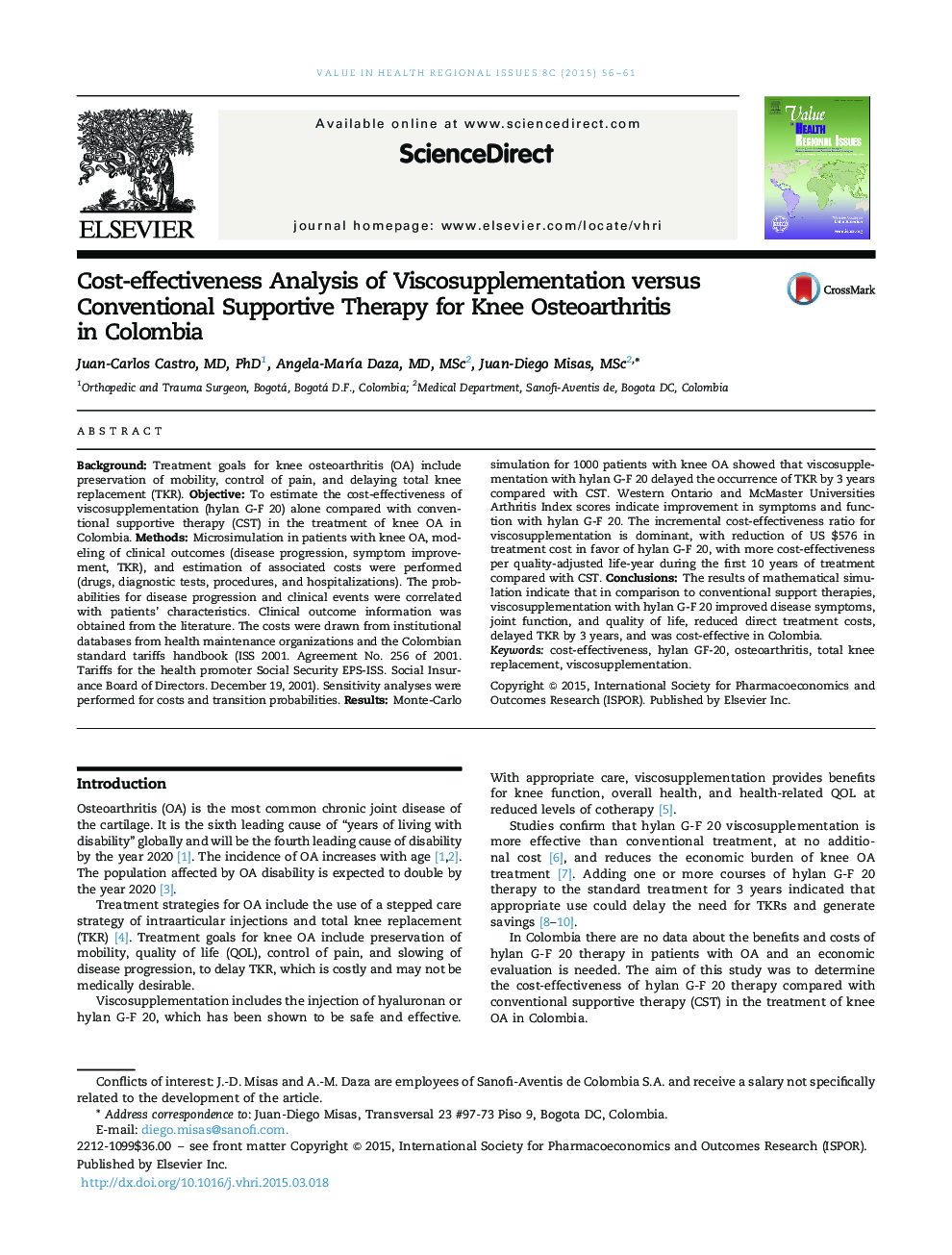 تجزیه و تحلیل هزینه-اثربخشی درمان ویسکوز در مقابل درمان متعارف برای استئوآرتریت زانو در کلمبیا 