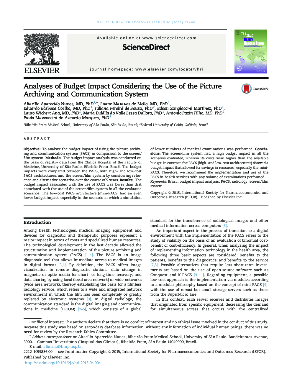 Analyses of Budget Impact Considering the Use of the Picture Archiving and Communication System