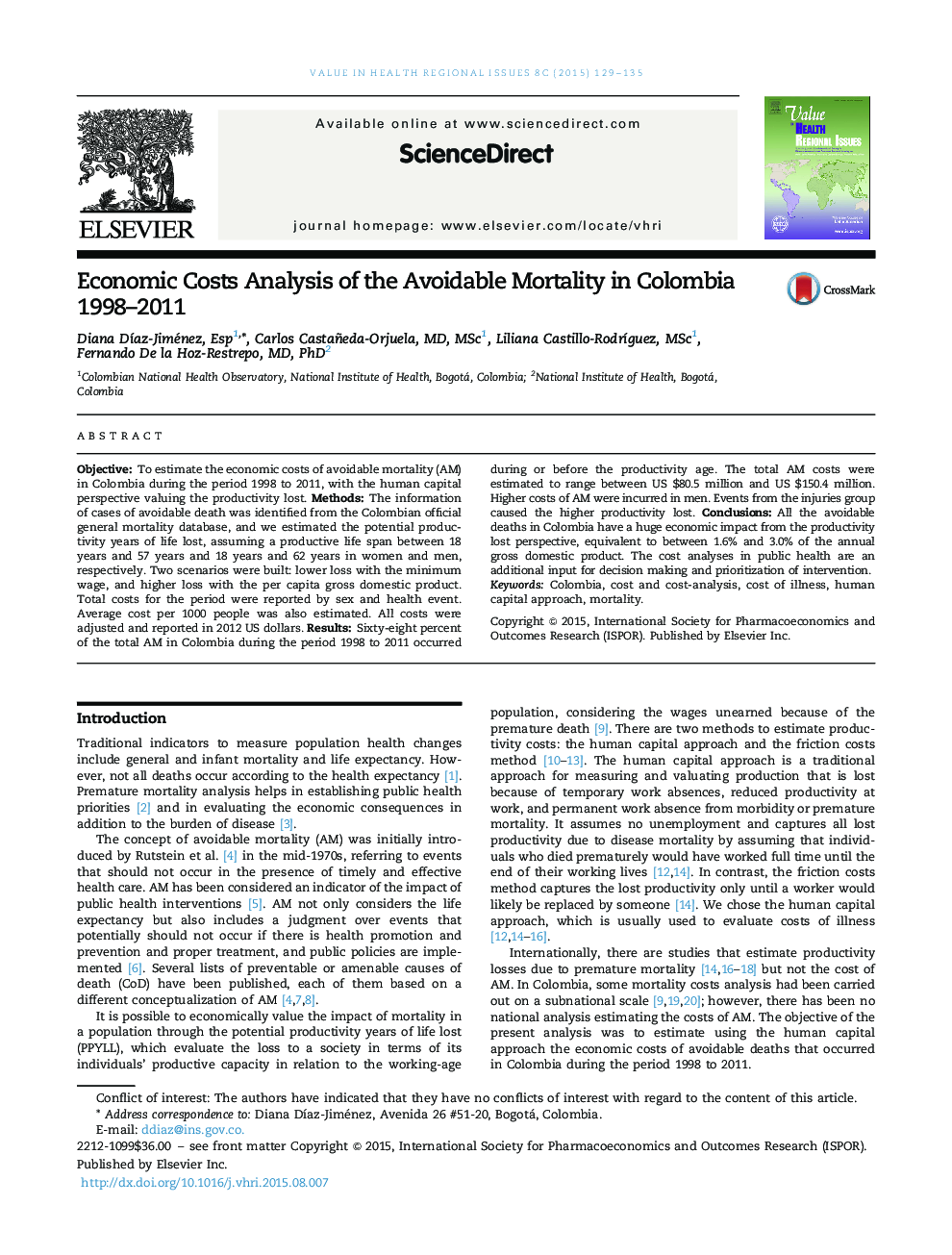 Economic Costs Analysis of the Avoidable Mortality in Colombia 1998-2011