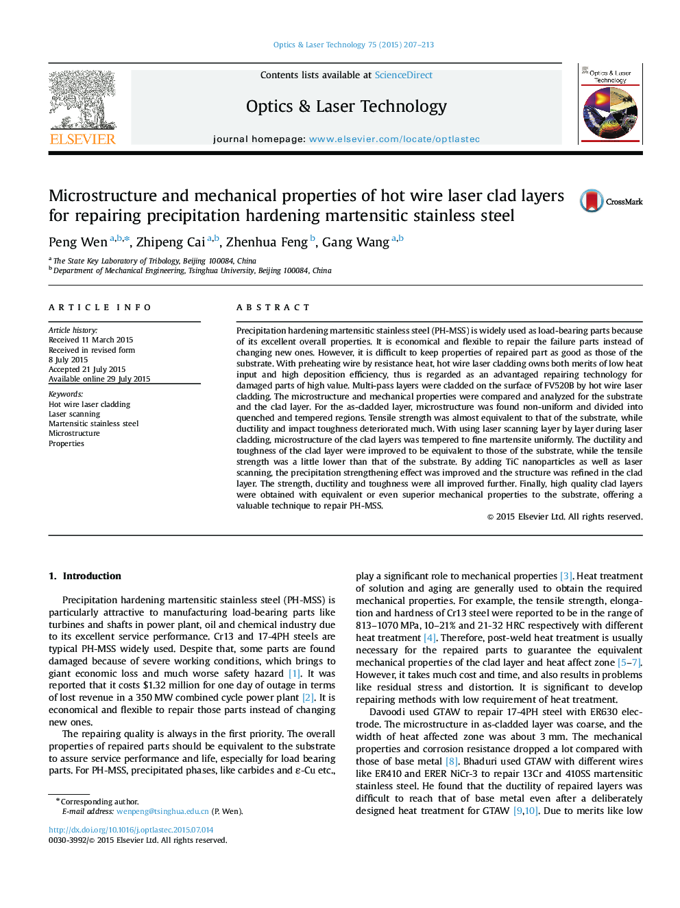 Microstructure and mechanical properties of hot wire laser clad layers for repairing precipitation hardening martensitic stainless steel