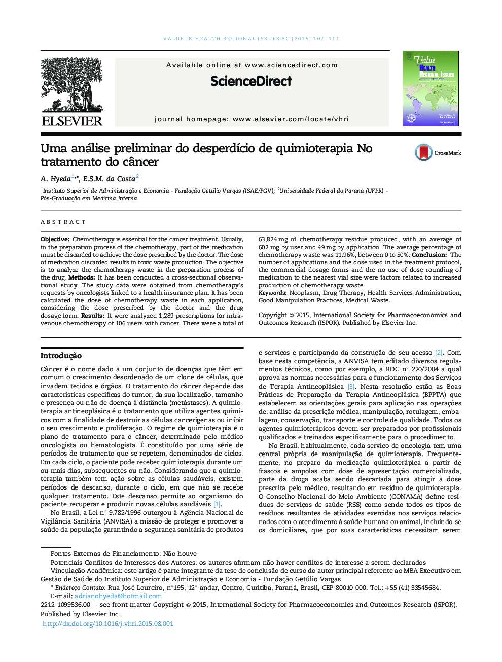 Uma análise preliminar do desperdÃ­cio de quimioterapia No tratamento do cÃ¢ncer