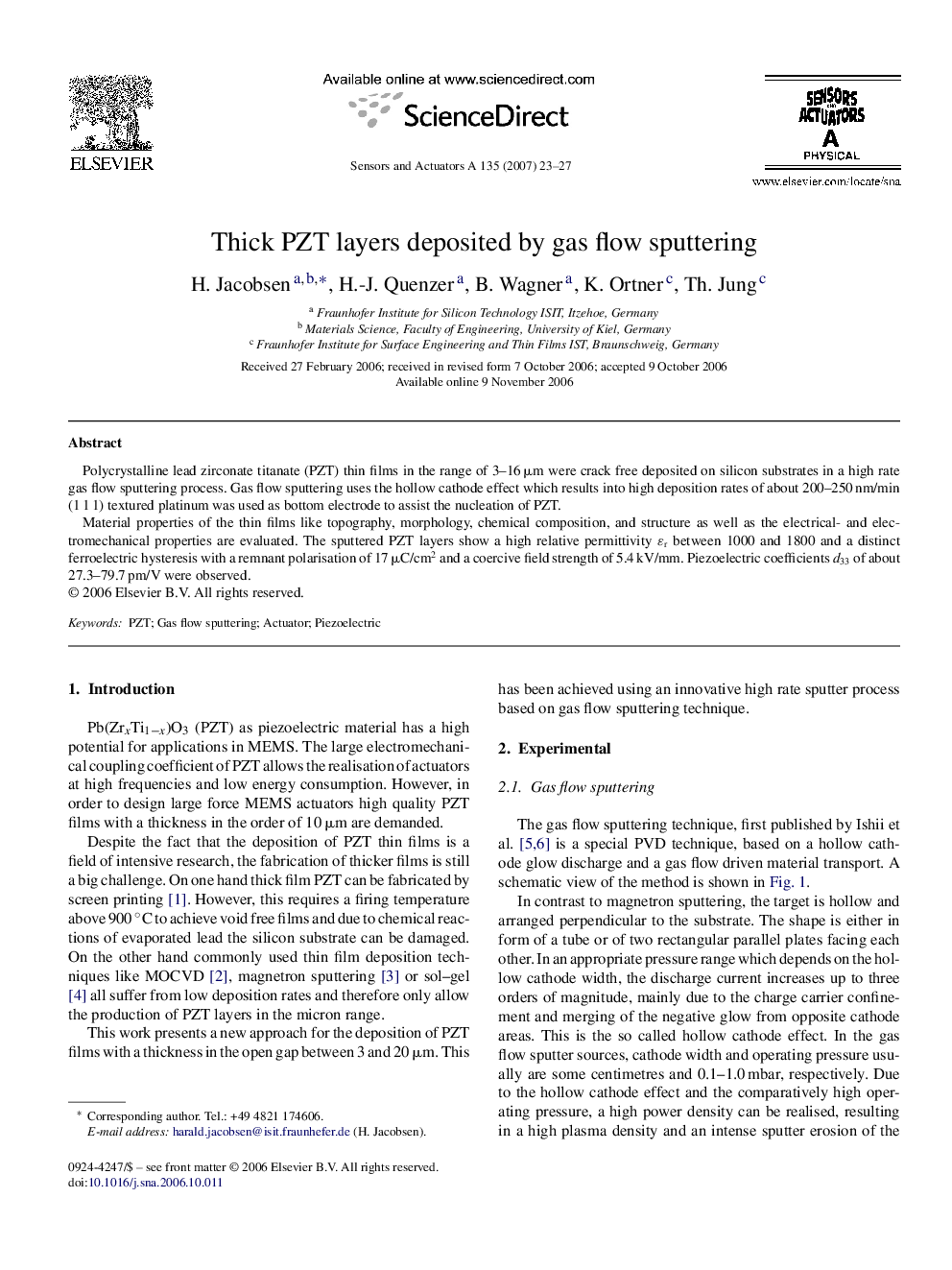 Thick PZT layers deposited by gas flow sputtering