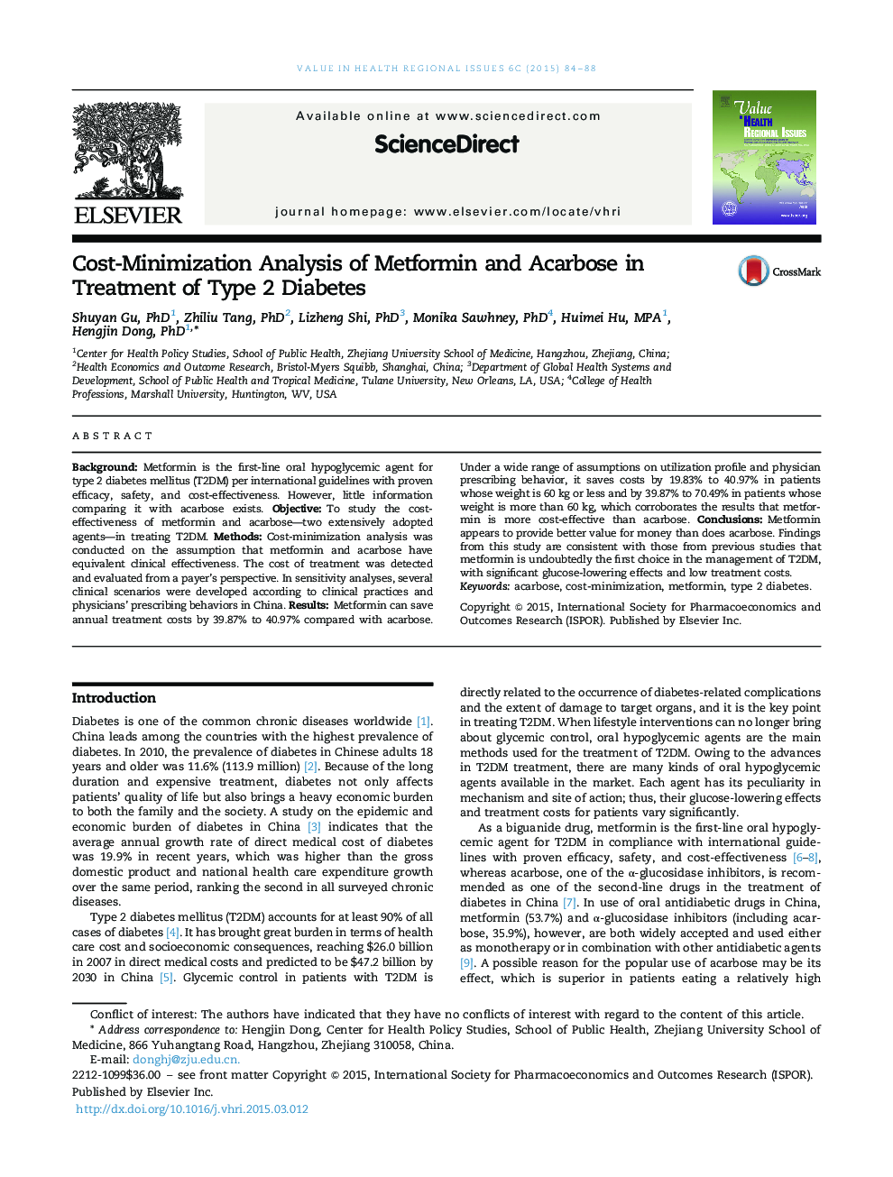 Cost-Minimization Analysis of Metformin and Acarbose in Treatment of Type 2 Diabetes