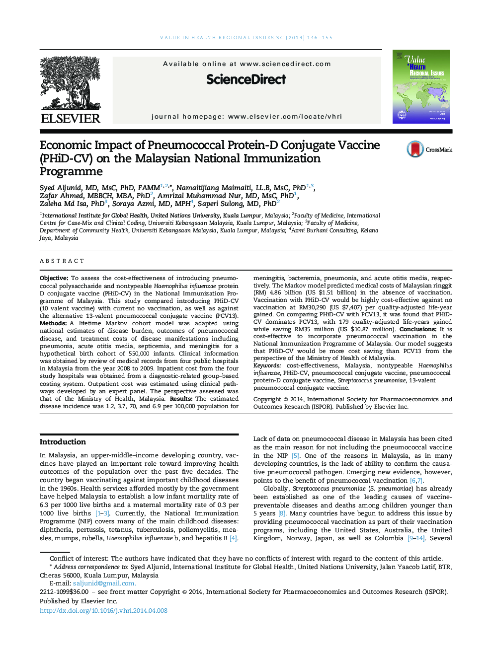 Economic Impact of Pneumococcal Protein-D Conjugate Vaccine (PHiD-CV) on the Malaysian National Immunization Programme