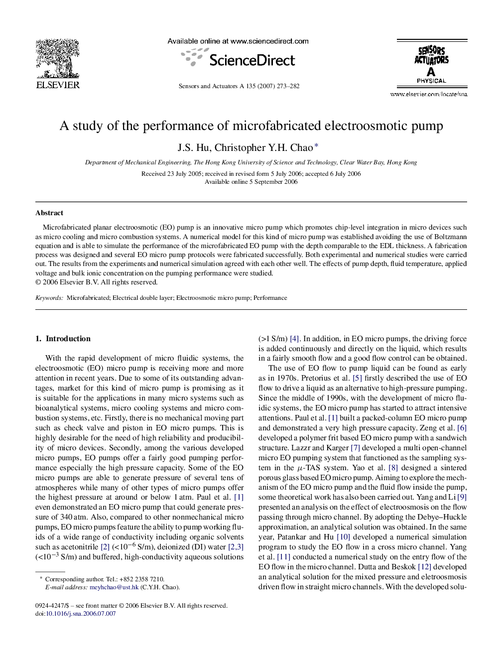 A study of the performance of microfabricated electroosmotic pump