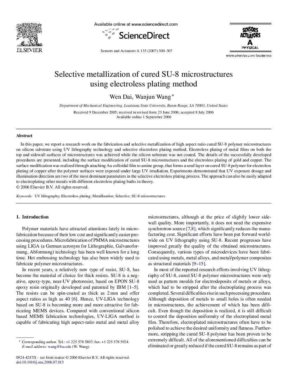 Selective metallization of cured SU-8 microstructures using electroless plating method