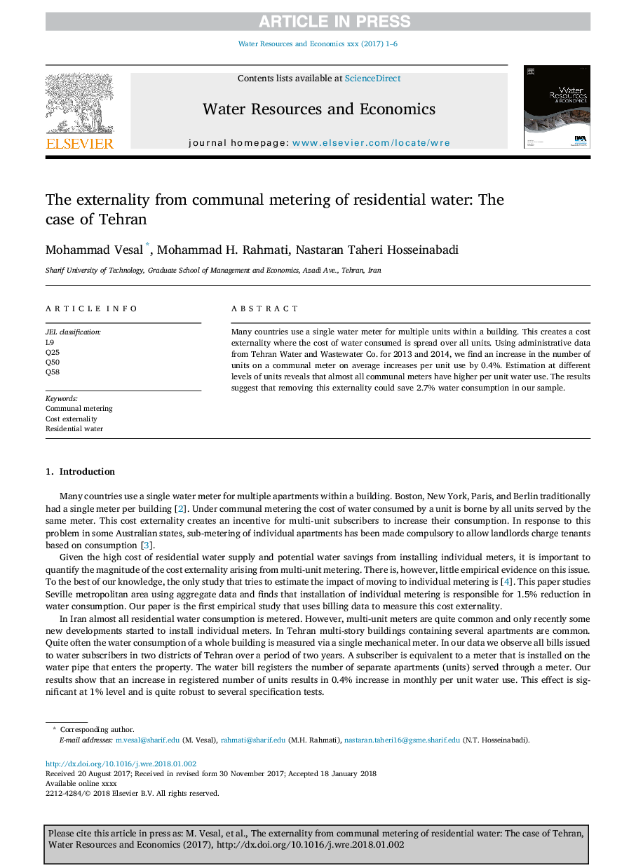 The externality from communal metering of residential water: The case of Tehran