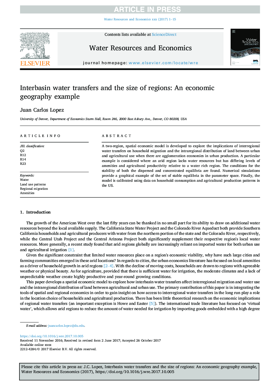 Interbasin water transfers and the size of regions: An economic geography example