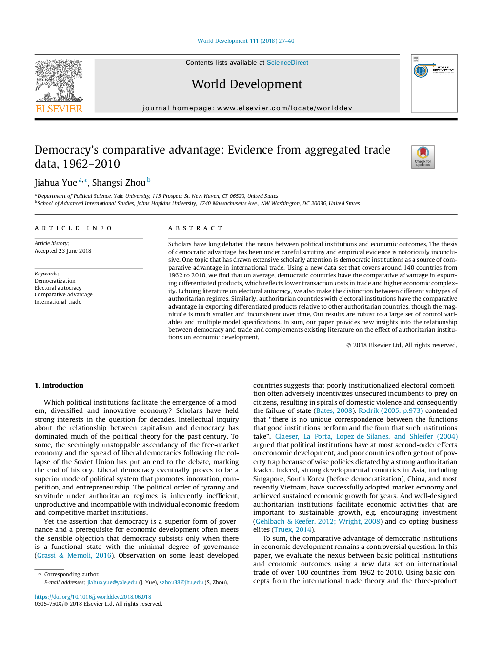 Democracy's comparative advantage: Evidence from aggregated trade data, 1962-2010