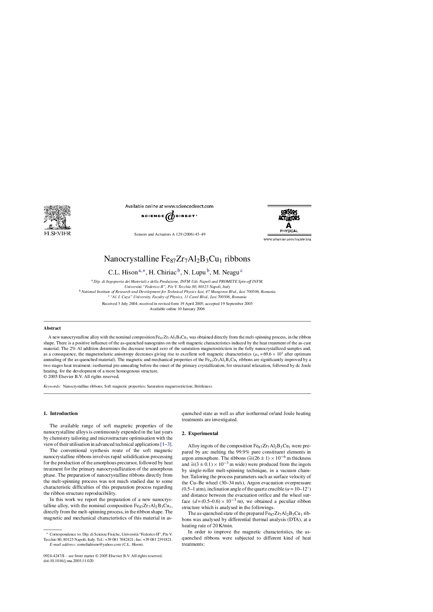 Nanocrystalline Fe87Zr7Al2B3Cu1 ribbons