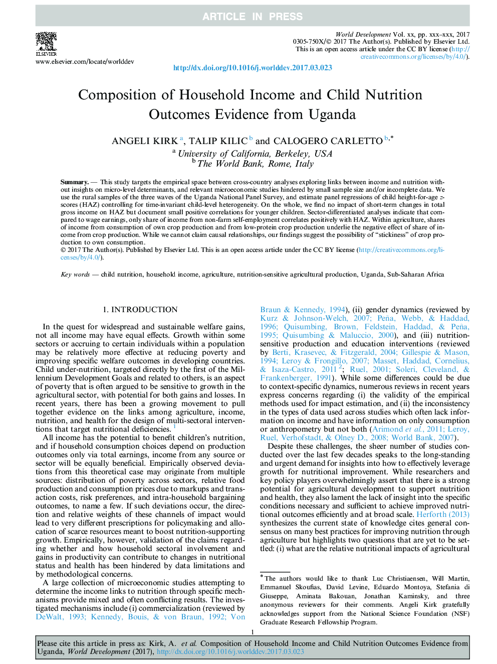ترکیب درآمد خانوار و نتایج تغذیه کودکان شواهد از اوگاندا 
