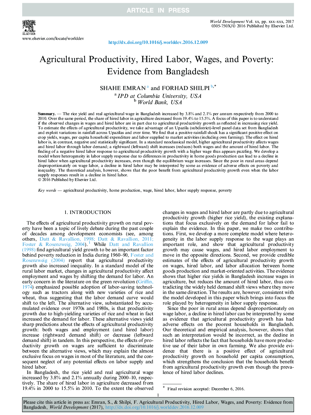 Agricultural Productivity, Hired Labor, Wages, and Poverty: Evidence from Bangladesh