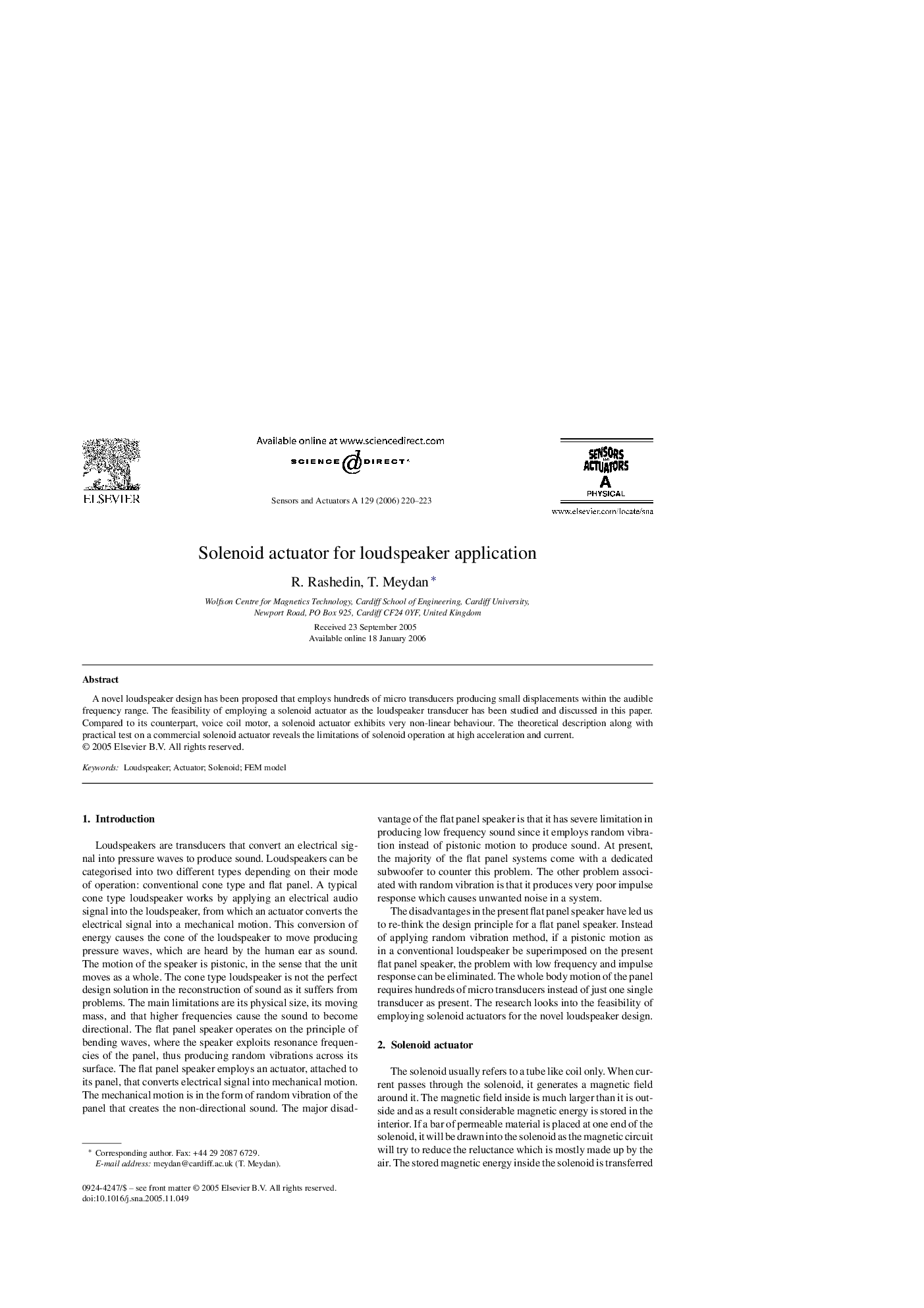 Solenoid actuator for loudspeaker application