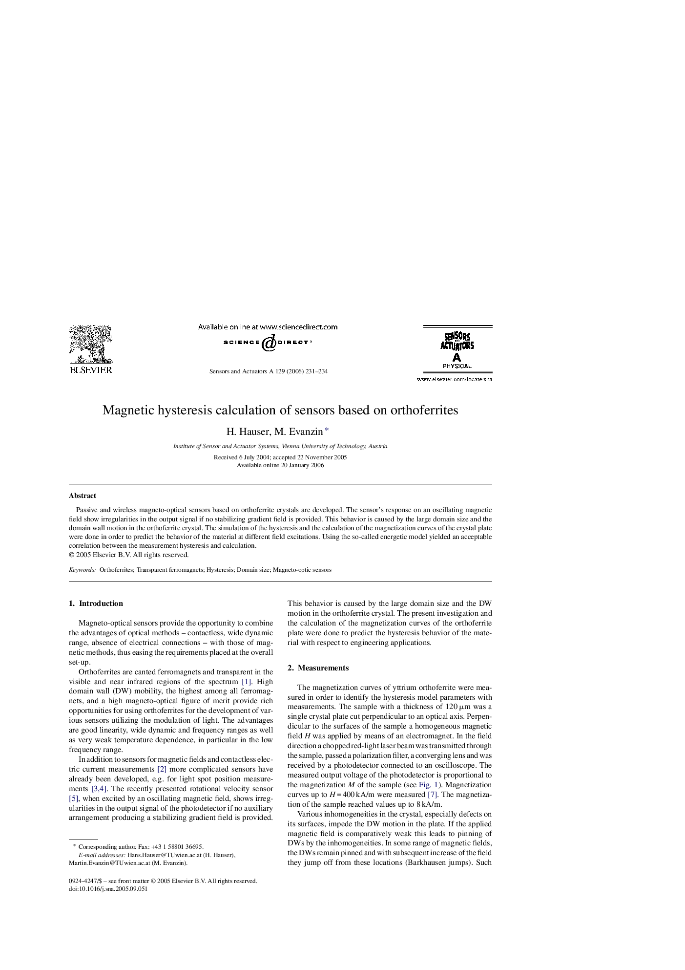 Magnetic hysteresis calculation of sensors based on orthoferrites