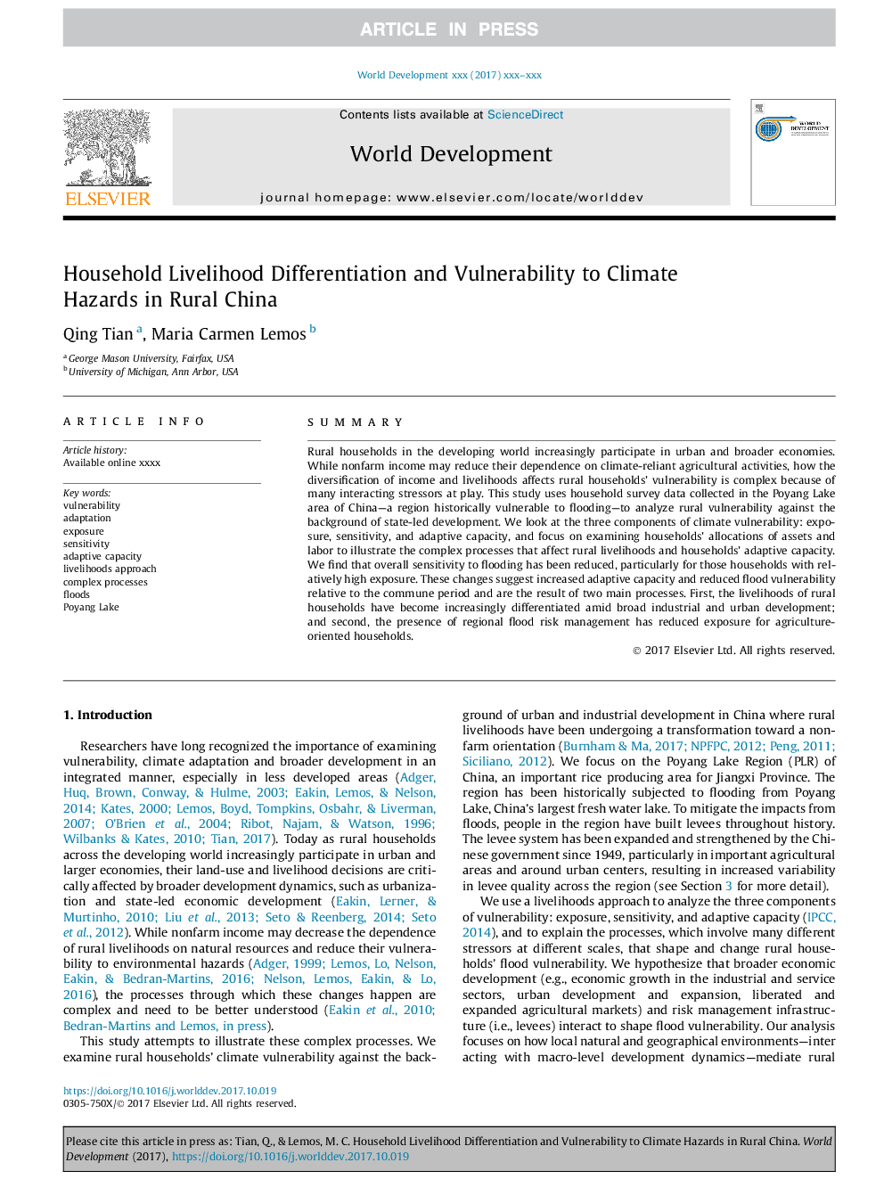 Household Livelihood Differentiation and Vulnerability to Climate Hazards in Rural China