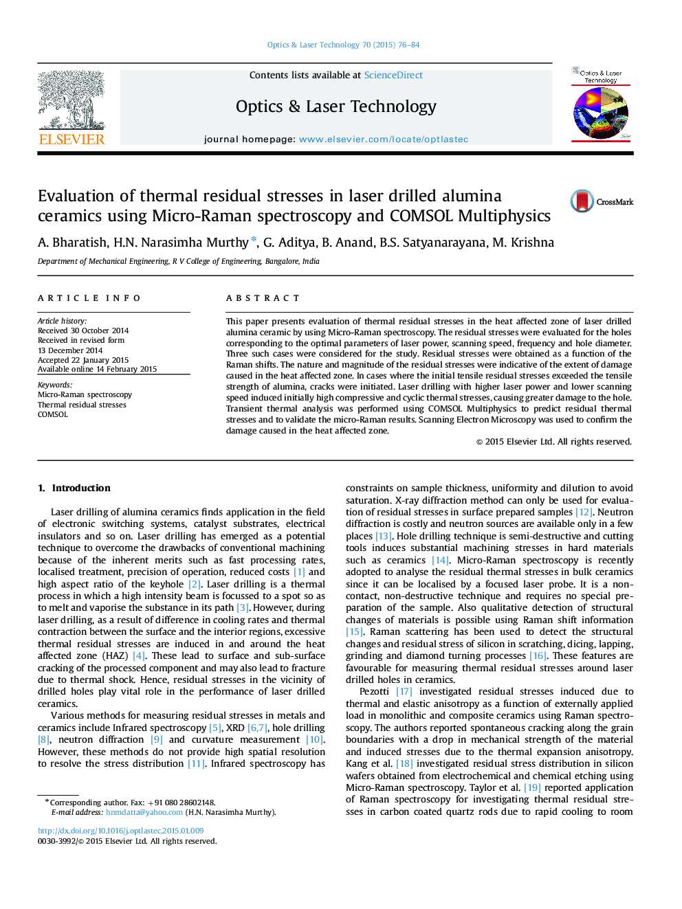 Evaluation of thermal residual stresses in laser drilled alumina ceramics using Micro-Raman spectroscopy and COMSOL Multiphysics