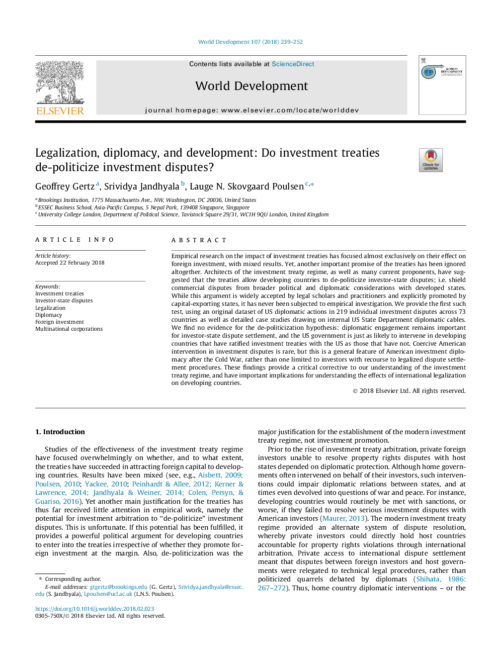 Legalization, diplomacy, and development: Do investment treaties de-politicize investment disputes?