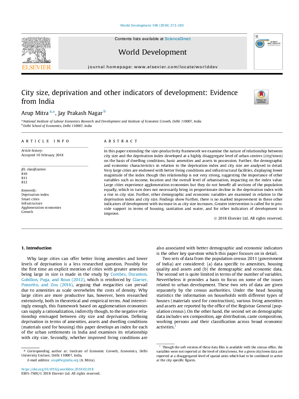 City size, deprivation and other indicators of development: Evidence from India