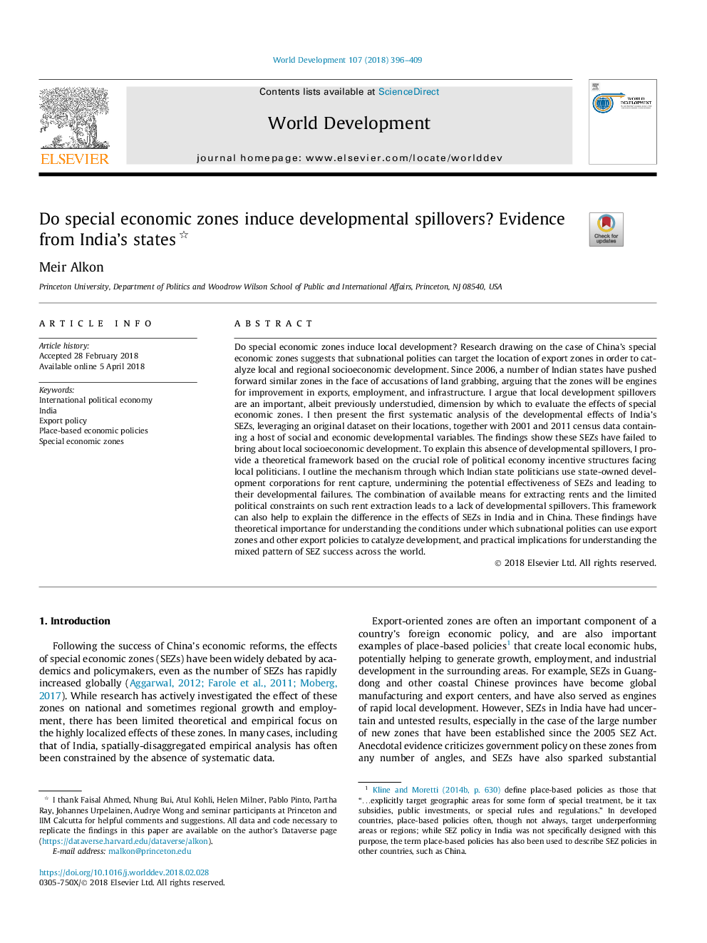 Do special economic zones induce developmental spillovers? Evidence from India's states