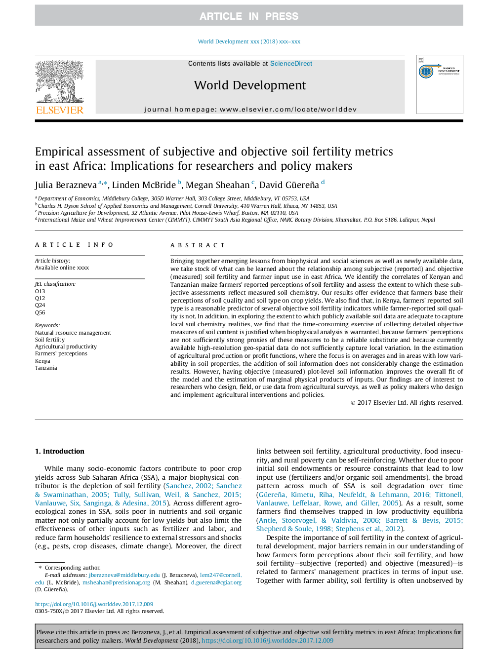 Empirical assessment of subjective and objective soil fertility metrics in east Africa: Implications for researchers and policy makers