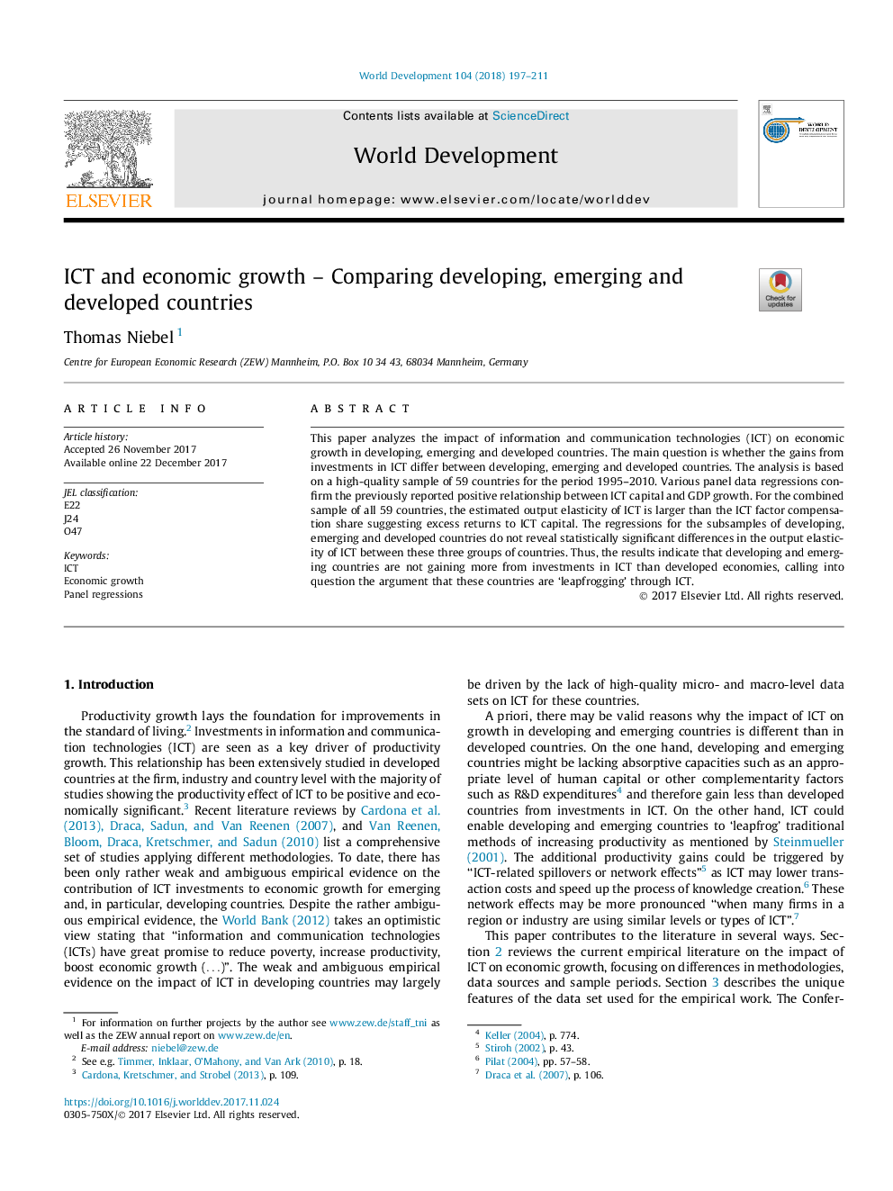 ICT and economic growth - Comparing developing, emerging and developed countries