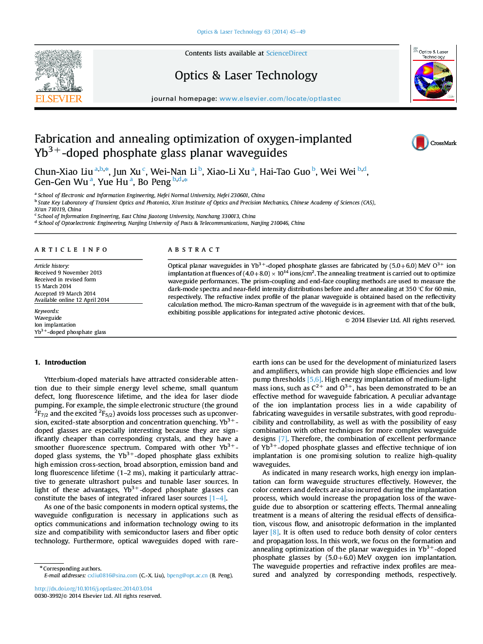 Fabrication and annealing optimization of oxygen-implanted Yb3+-doped phosphate glass planar waveguides