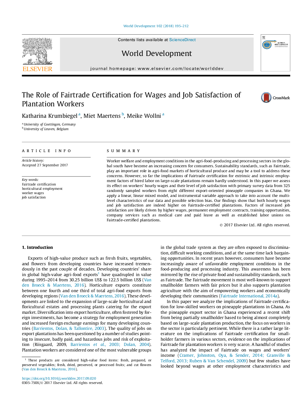 The Role of Fairtrade Certification for Wages and Job Satisfaction of Plantation Workers