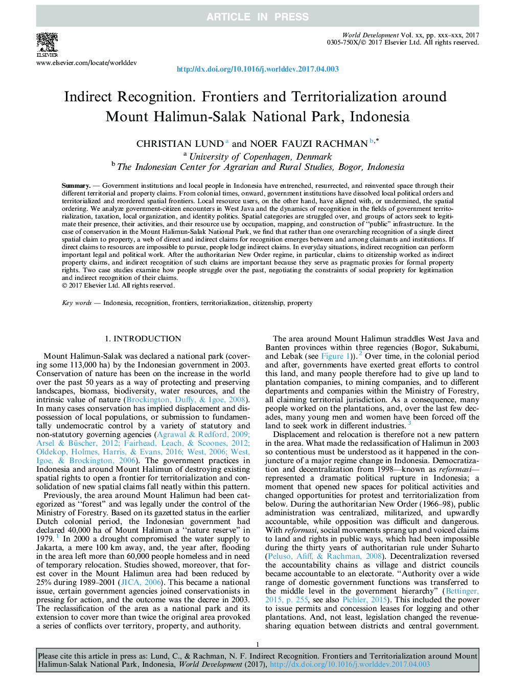 Indirect Recognition. Frontiers and Territorialization around Mount Halimun-Salak National Park, Indonesia