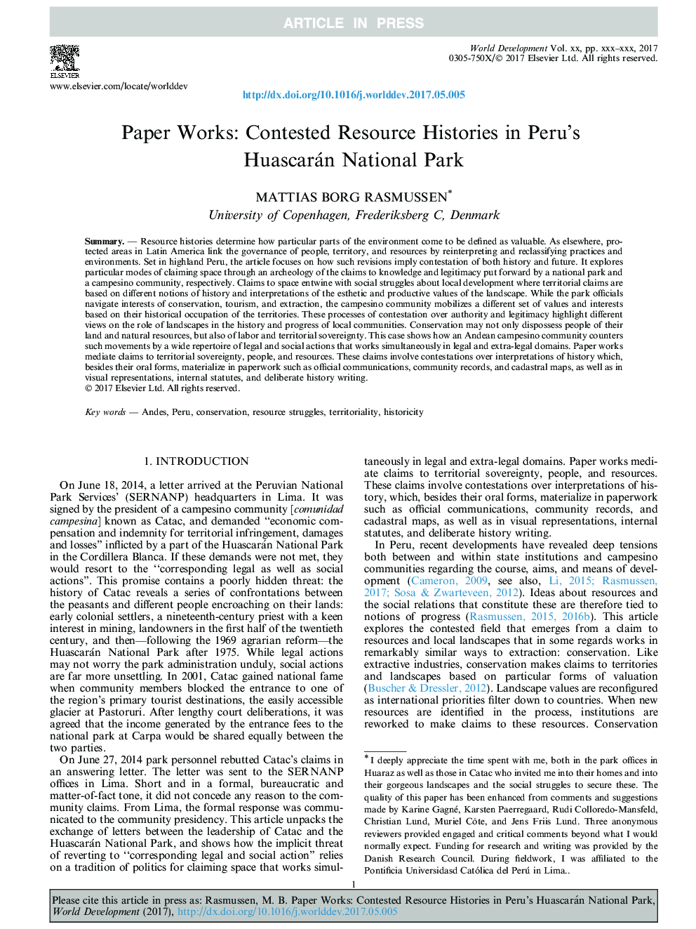 Paper Works: Contested Resource Histories in Peru's Huascarán National Park