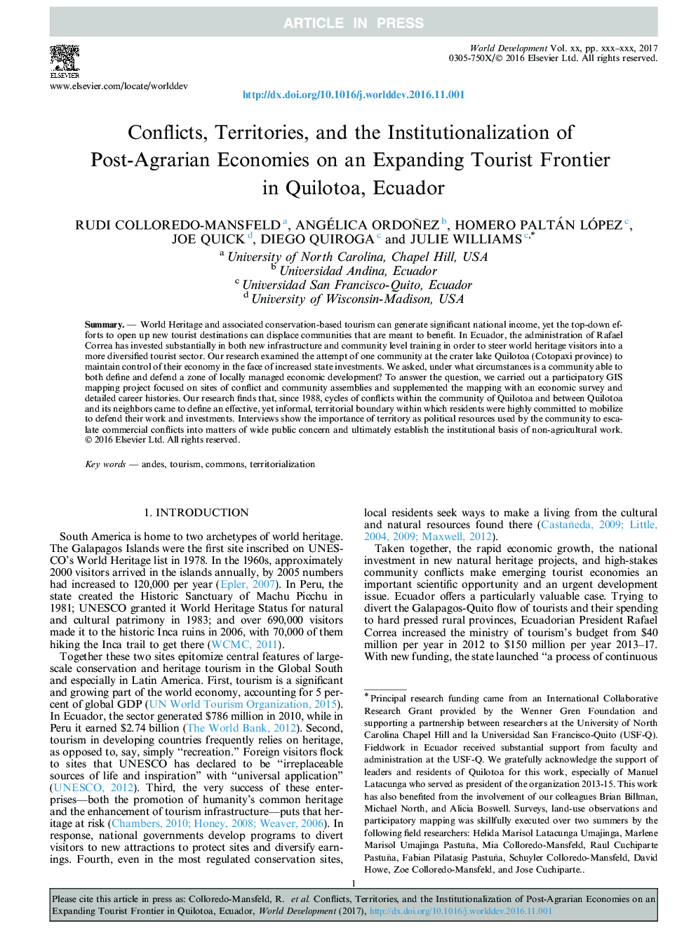 Conflicts, Territories, and the Institutionalization of Post-Agrarian Economies on an Expanding Tourist Frontier in Quilotoa, Ecuador