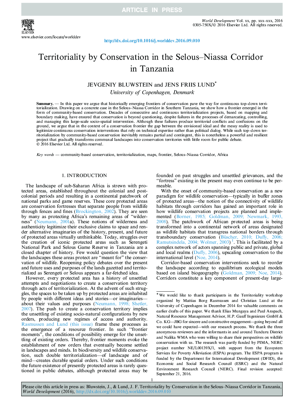 Territoriality by Conservation in the Selous-Niassa Corridor in Tanzania