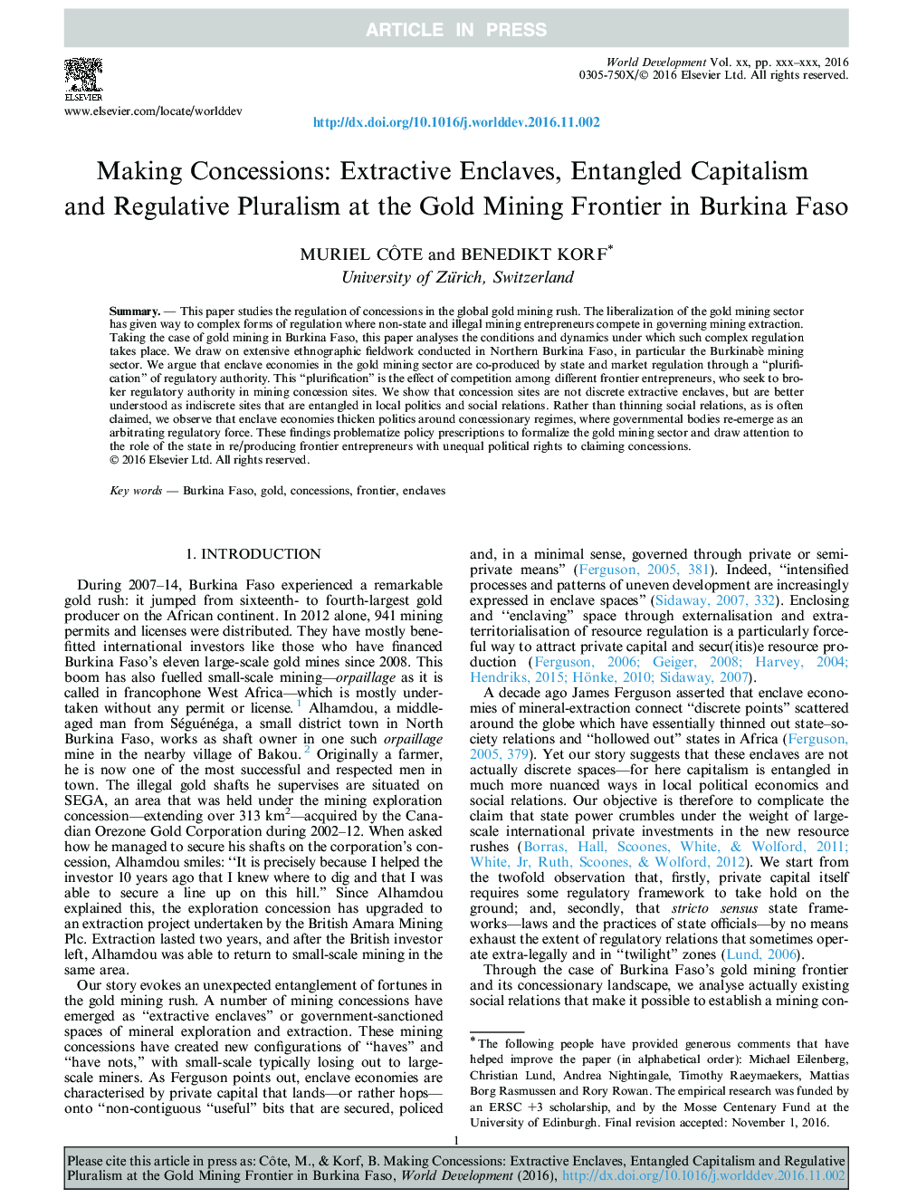 Making Concessions: Extractive Enclaves, Entangled Capitalism and Regulative Pluralism at the Gold Mining Frontier in Burkina Faso