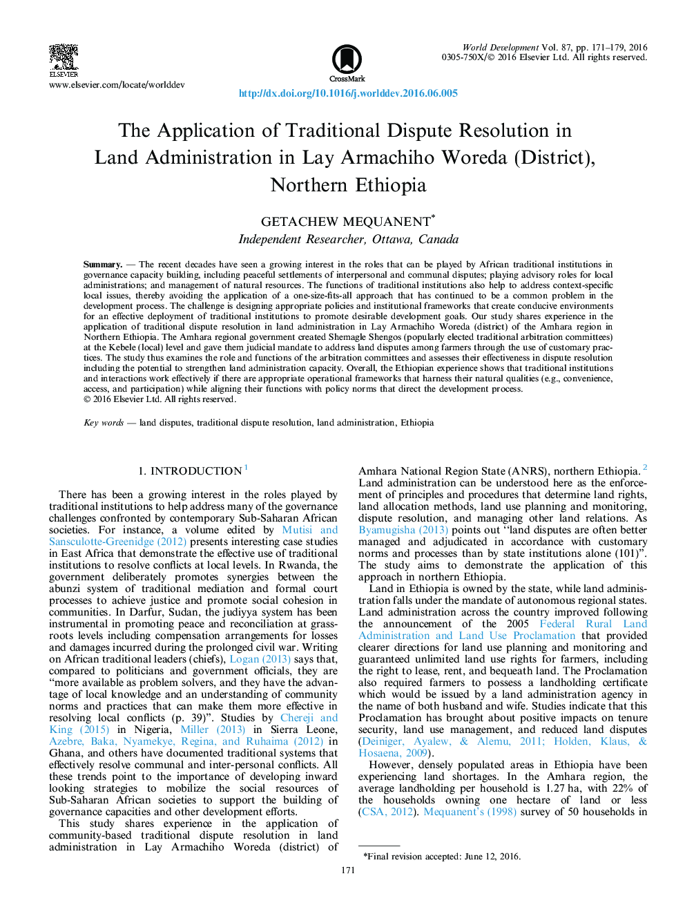 The Application of Traditional Dispute Resolution in Land Administration in Lay Armachiho Woreda (District), Northern Ethiopia