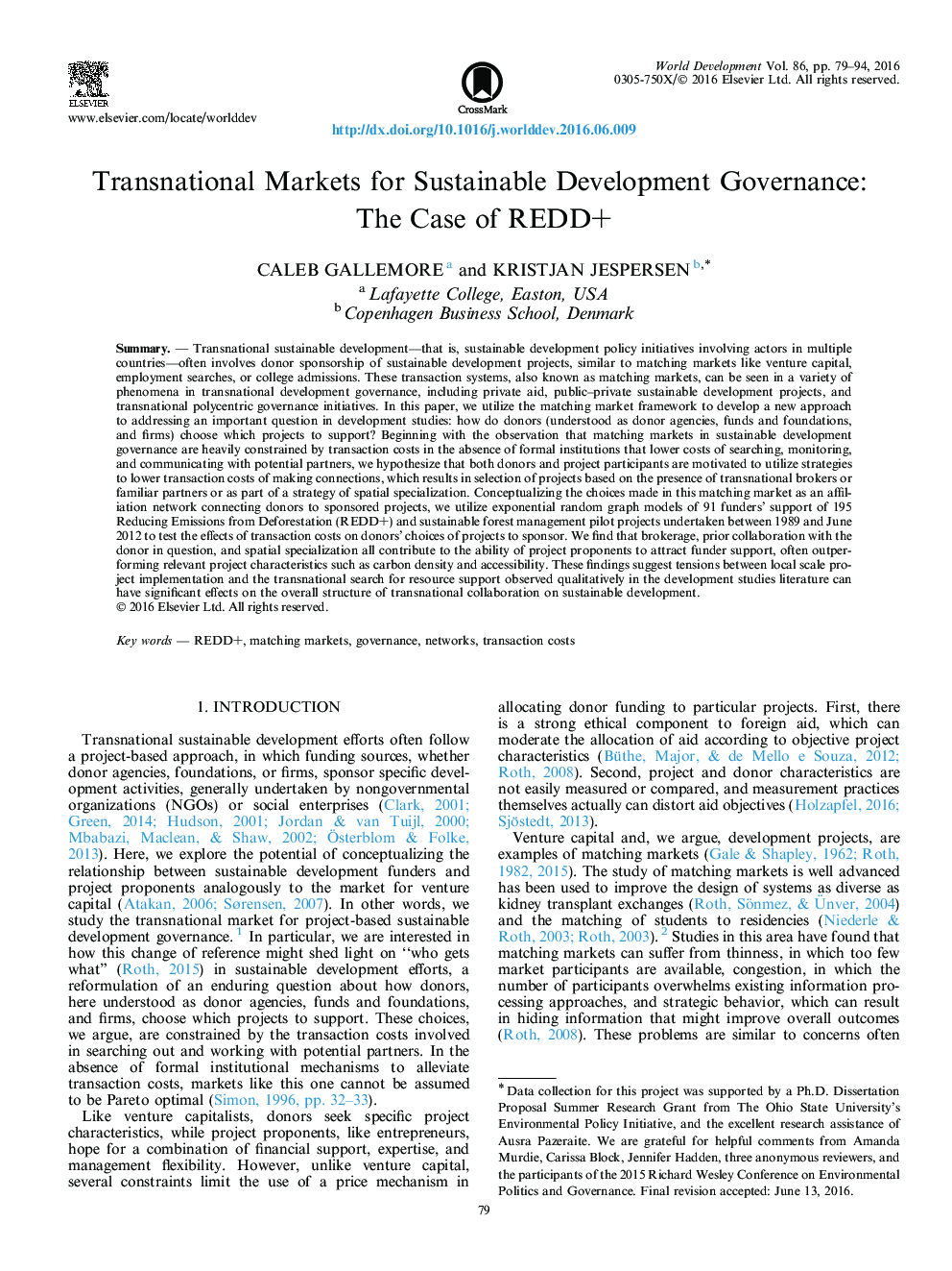 Transnational Markets for Sustainable Development Governance: The Case of REDD+