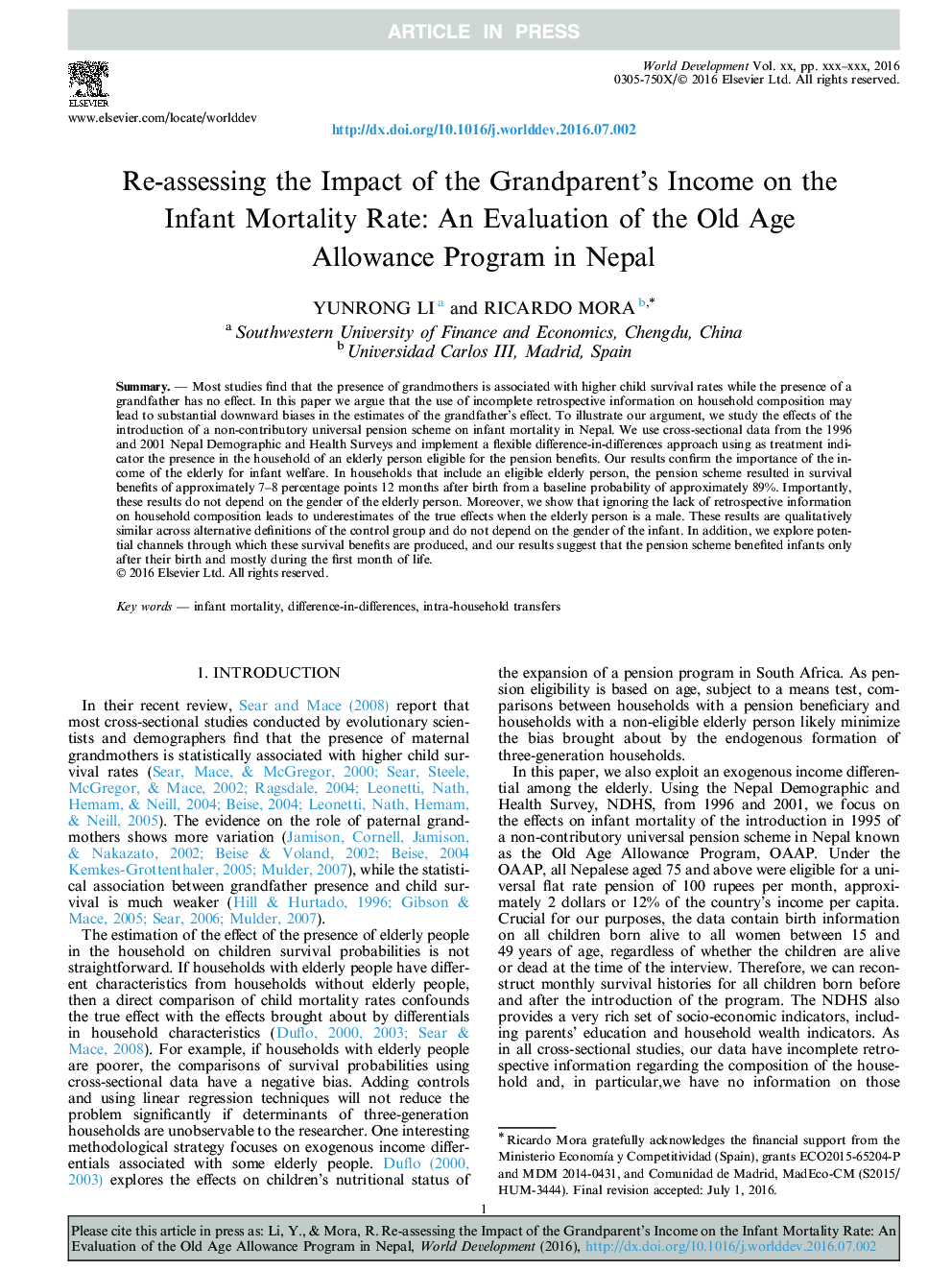 Re-assessing the Impact of the Grandparent's Income on the Infant Mortality Rate: An Evaluation of the Old Age Allowance Program in Nepal