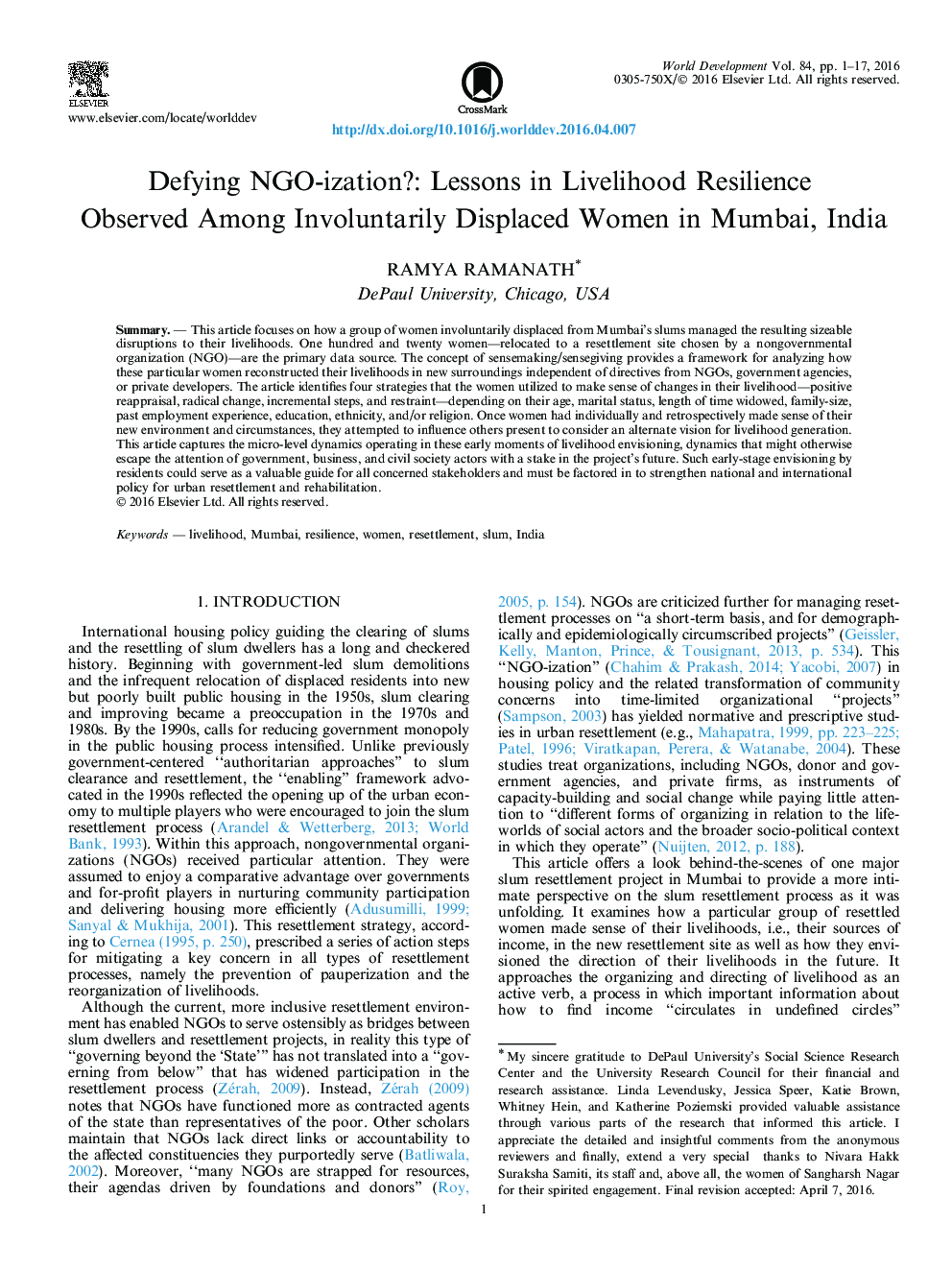 Defying NGO-ization?: Lessons in Livelihood Resilience Observed Among Involuntarily Displaced Women in Mumbai, India