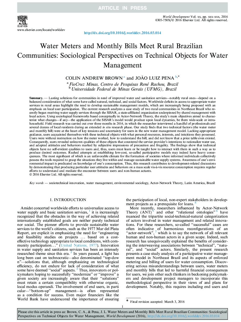 مترهای آب و صورتحساب ماهانه با انجمن های روستایی برزیل روبرو می شوند: دیدگاه های جامعه شناختی در مورد اشیاء فنی برای مدیریت آب 
