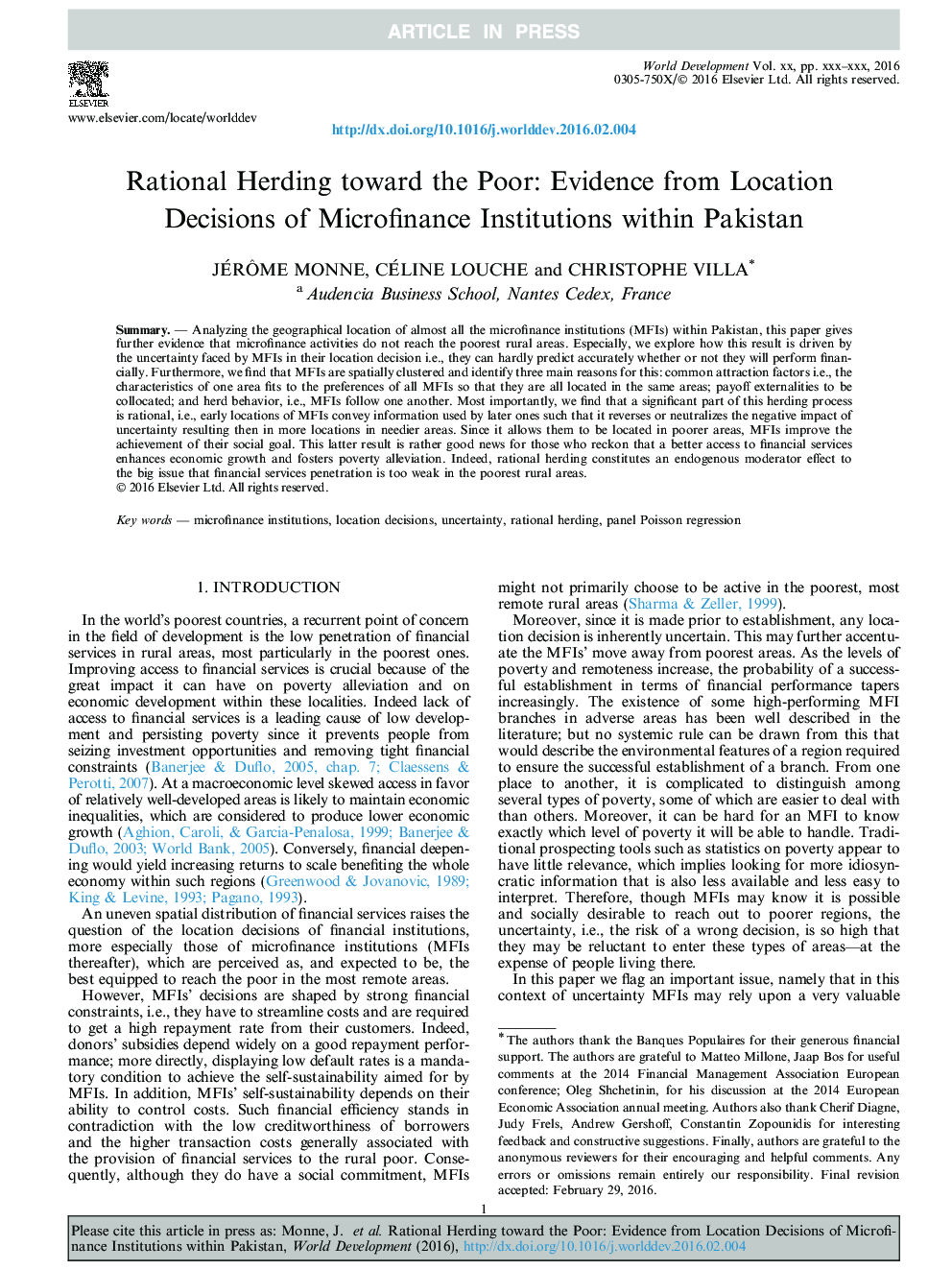 Rational Herding toward the Poor: Evidence from Location Decisions of Microfinance Institutions within Pakistan