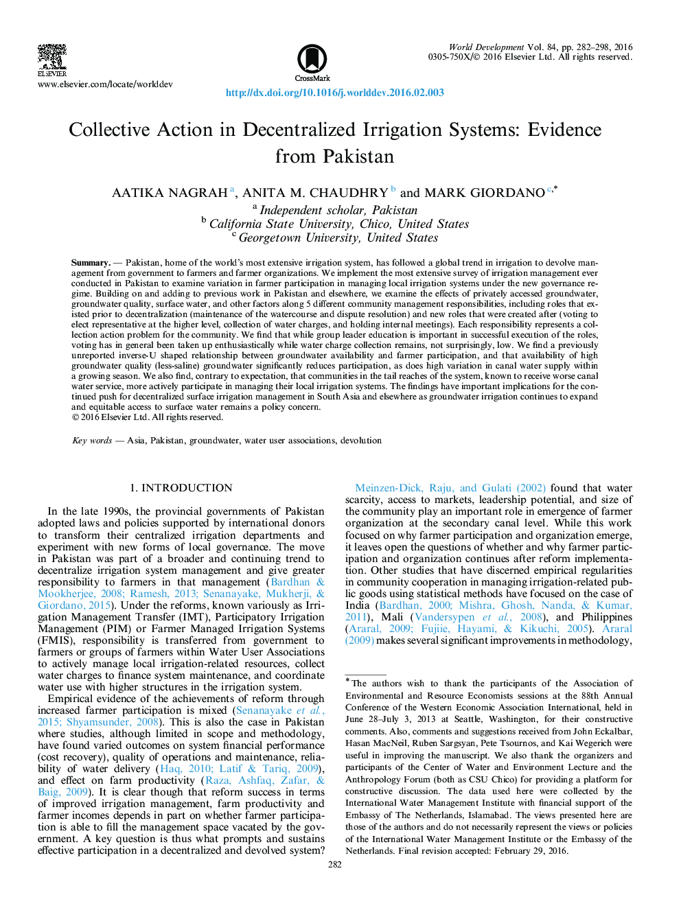 Collective Action in Decentralized Irrigation Systems: Evidence from Pakistan