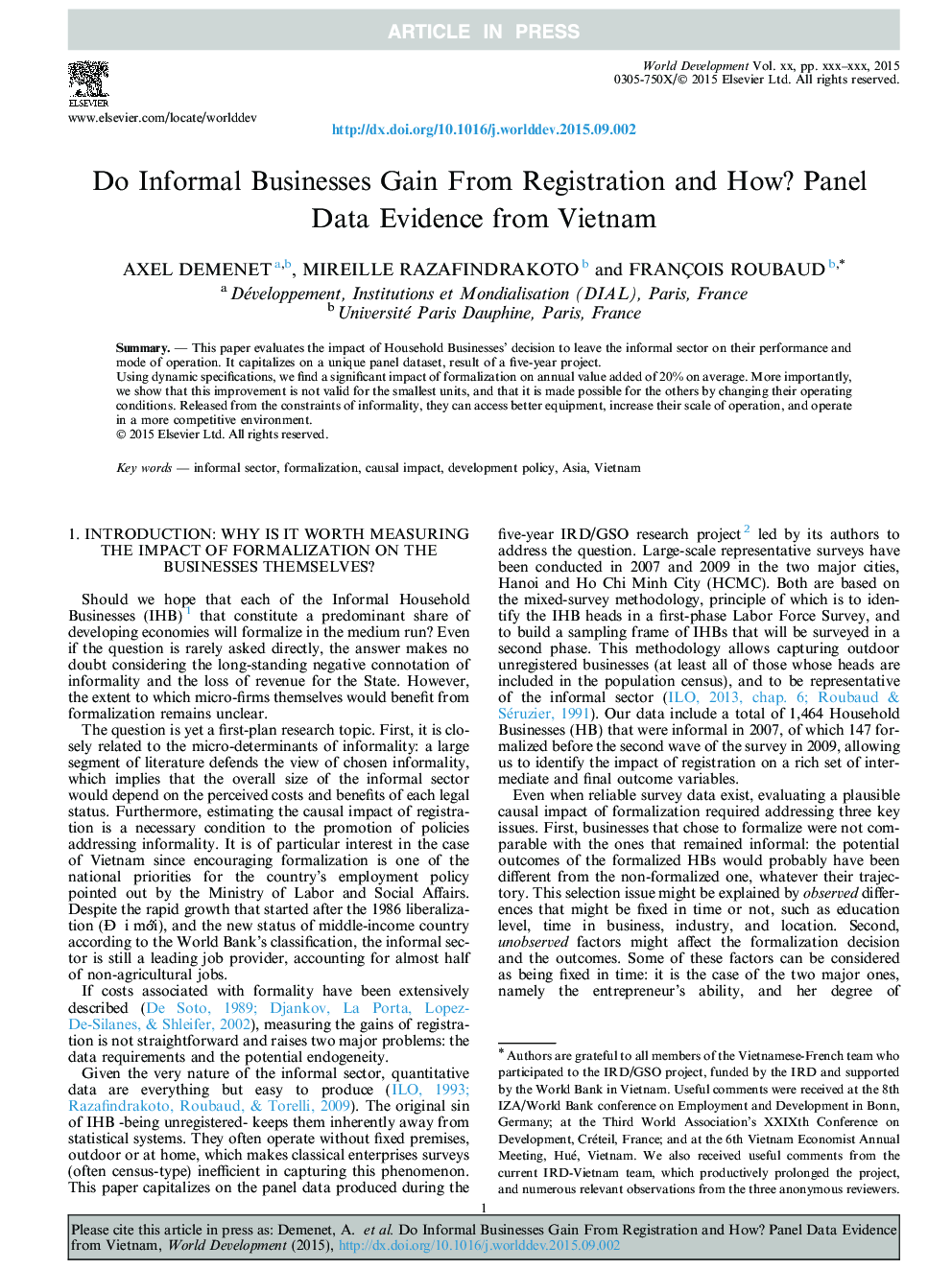 Do Informal Businesses Gain From Registration and How? Panel Data Evidence from Vietnam