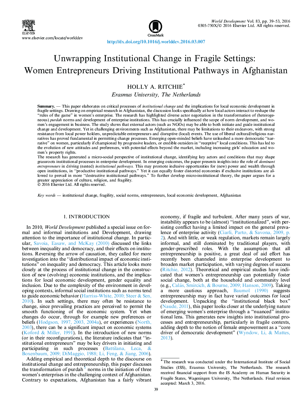Unwrapping Institutional Change in Fragile Settings: Women Entrepreneurs Driving Institutional Pathways in Afghanistan