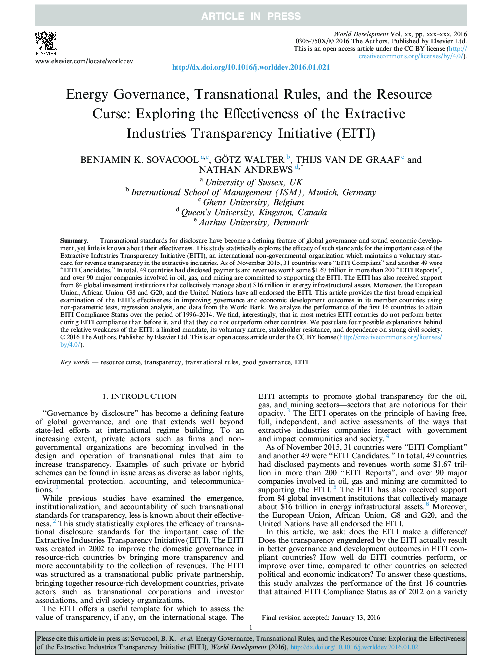 Energy Governance, Transnational Rules, and the Resource Curse: Exploring the Effectiveness of the Extractive Industries Transparency Initiative (EITI)