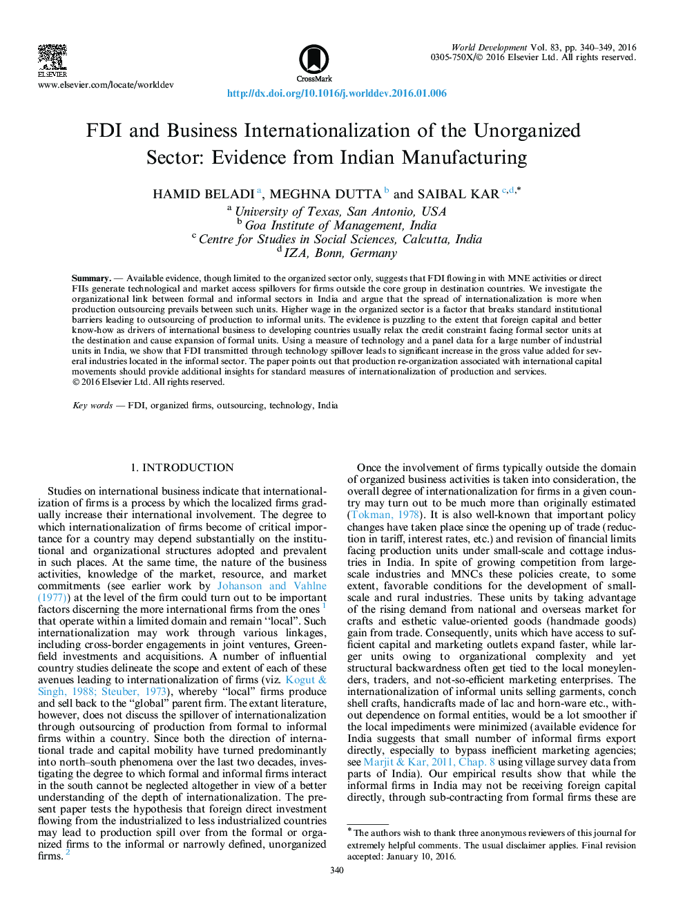 سرمایه گذاری مستقیم خارجی و تجارت بین المللی بخش غیر سازمانی: شواهدی از ساخت هند 