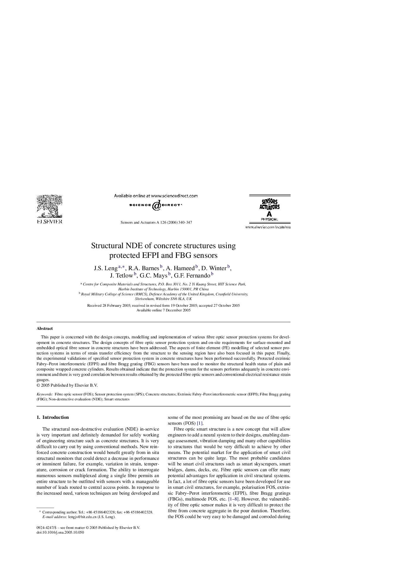 عکس صفحه اول مقاله: Structural NDE of concrete structures using protected EFPI and FBG sensors Structural NDE of concrete structures using protected EFPI and FBG sensors