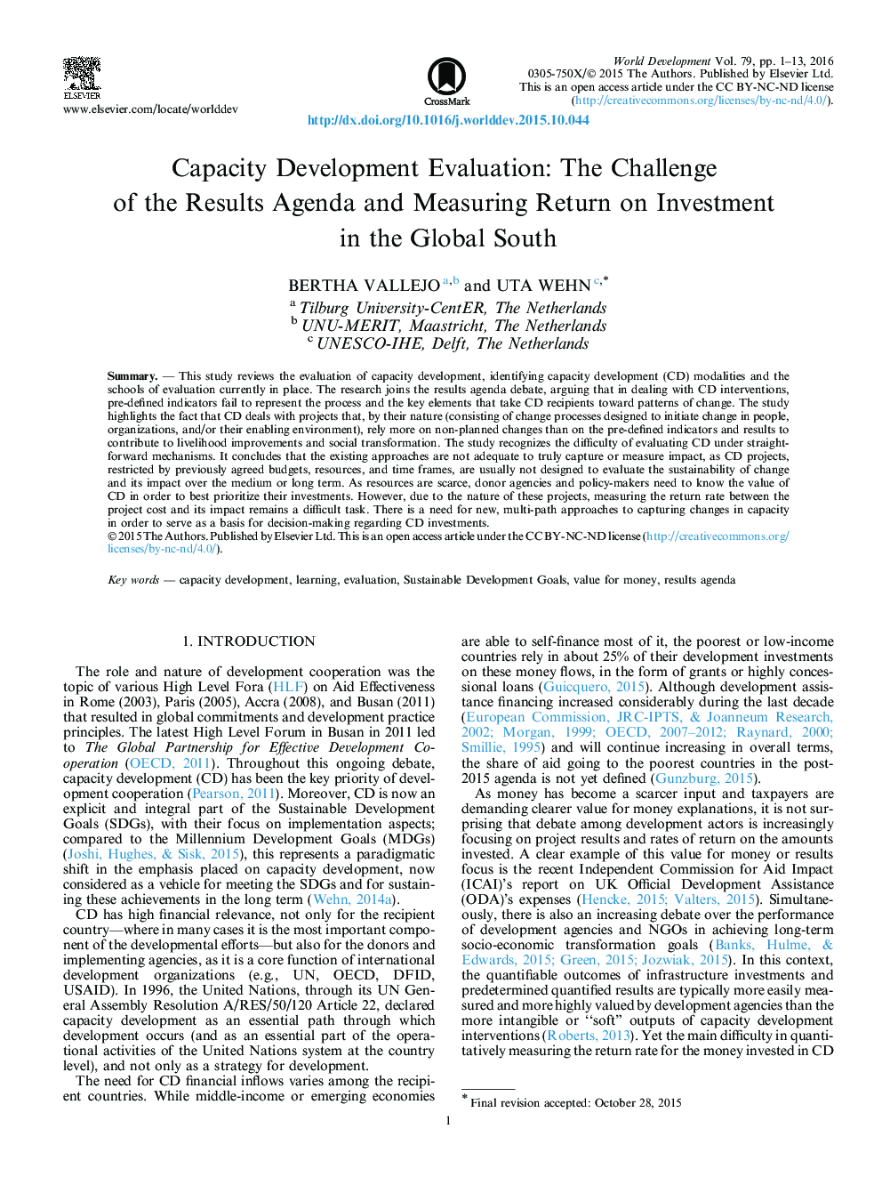 Capacity Development Evaluation: The Challenge of the Results Agenda and Measuring Return on Investment in the Global South