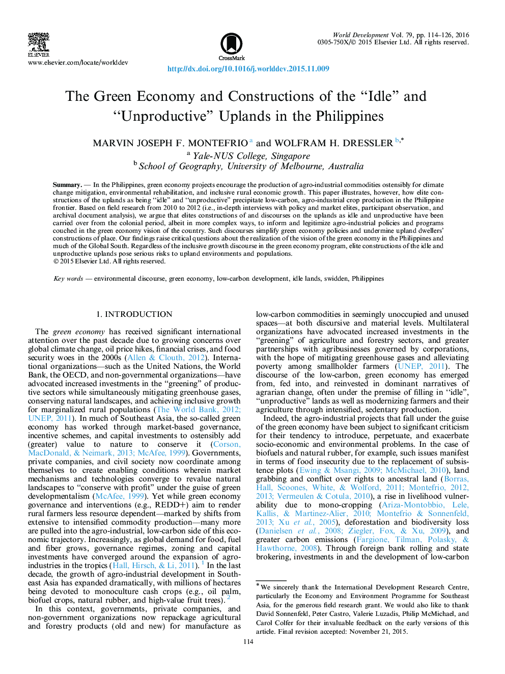 The Green Economy and Constructions of the “Idle” and “Unproductive” Uplands in the Philippines