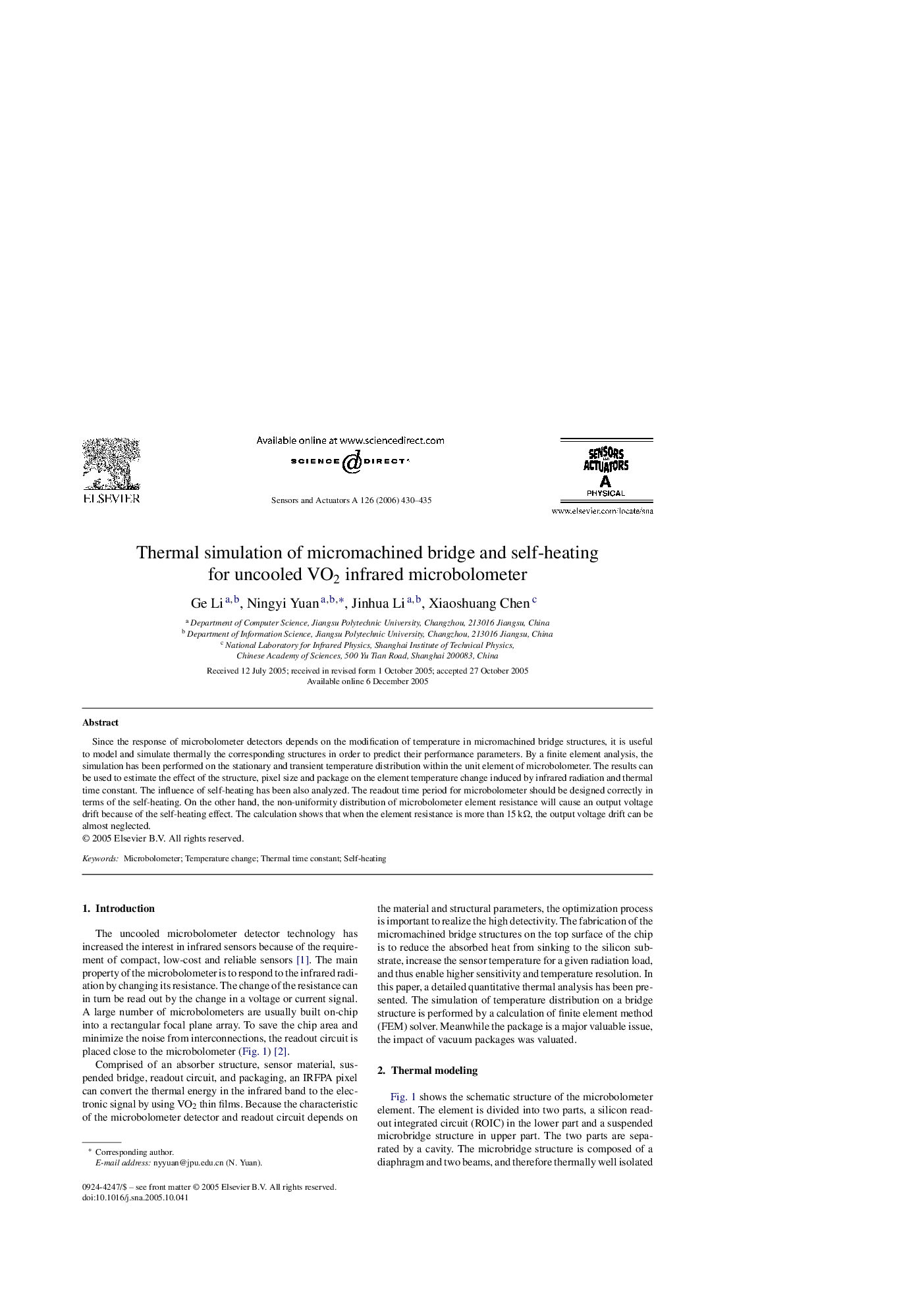 Thermal simulation of micromachined bridge and self-heating for uncooled VO2 infrared microbolometer